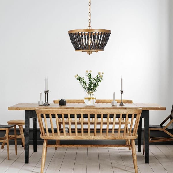Modern Drum Dining Room Chandelier Light 3-Light Antique Gold Round Chandelier with Black Wooden Beads