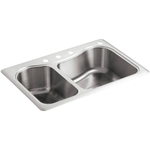 Staccato Drop-In Stainless Steel 33 in. 4-Hole Double Offset Bowl Kitchen Sink with Included Hardwood Cutting Board