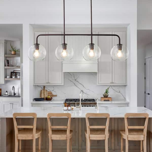 Friedlander 4-Light Rusted Bronze Island Chandelier with Clear Glass Shades, Modern Linear Kitchen Pendant Light