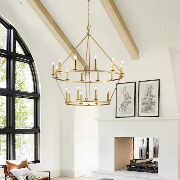 20-Light 40 in. Distressed Gold 2-Tier Wagon Wheel Chandelier