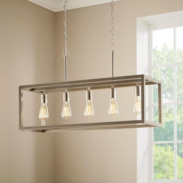 Boswell Quarter 5-Light Brushed Nickel With Weathered Wood Accents Coastal Linear Island Chandelier Bulbs Included