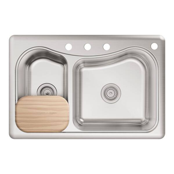 Staccato Drop-In Stainless Steel 33 in. 4-Hole Double Offset Bowl Kitchen Sink with Included Hardwood Cutting Board