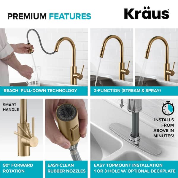 Oletto Single Handle Pull-Down Kitchen Faucet and Purita Beverage Faucet in Brushed Brass