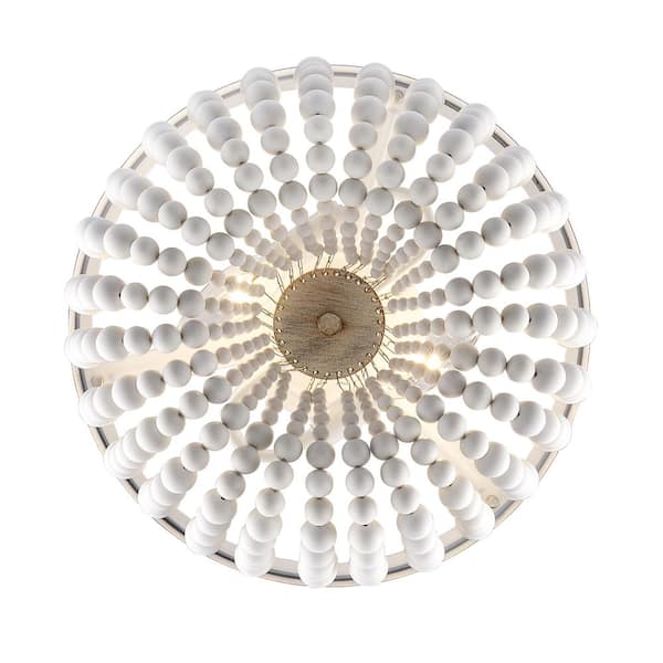Cayman 13 in. 2-Light White and Faux Wood Beaded Semi-Flush Mount Ceiling Light Fixture with Beaded Shade