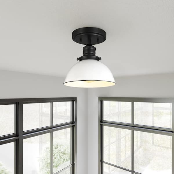 Savannah Farmhouse 8 in. 1-Light Matte Black with White Shade Semi-Flush Mount Light