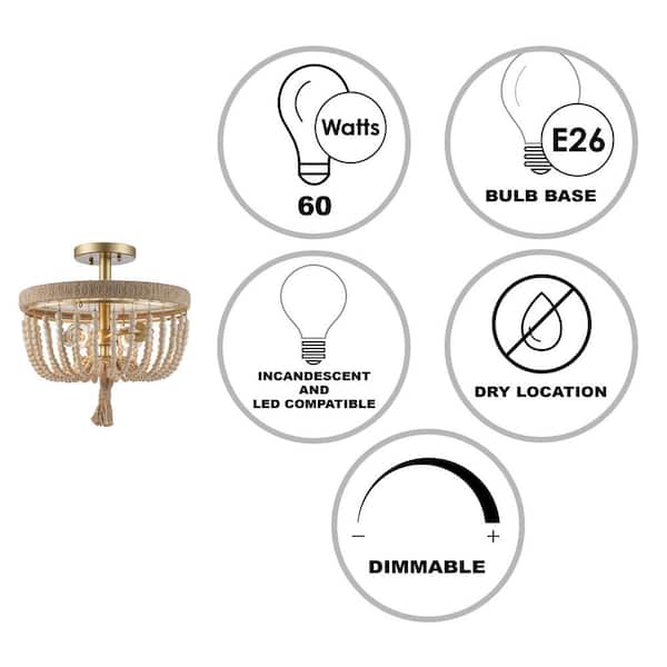 Taylan 14 in. 2-Light Antique Gold Semi Flush Mount Ceiling Light Fixture with Jute Rope and Wood Beaded Shade