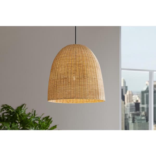 Highler 1-Light Matte Black Pendant with Natural Rattan Shade