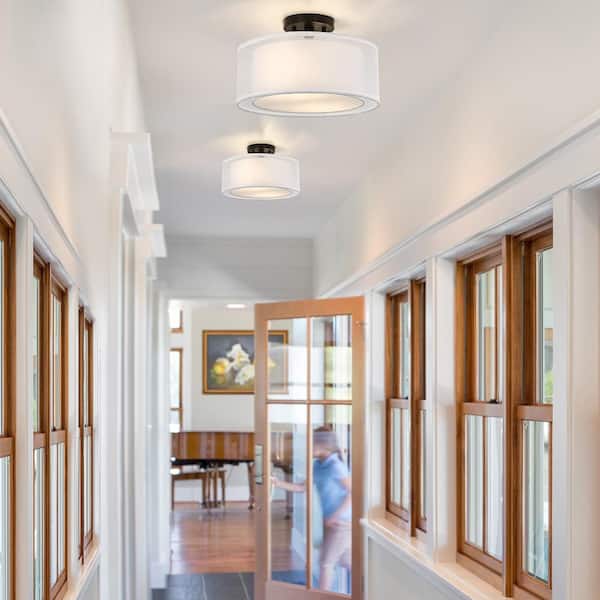 Celina 13 in. 2-Light White Double Drum Semi-Flush Mount Light With Black Hardware