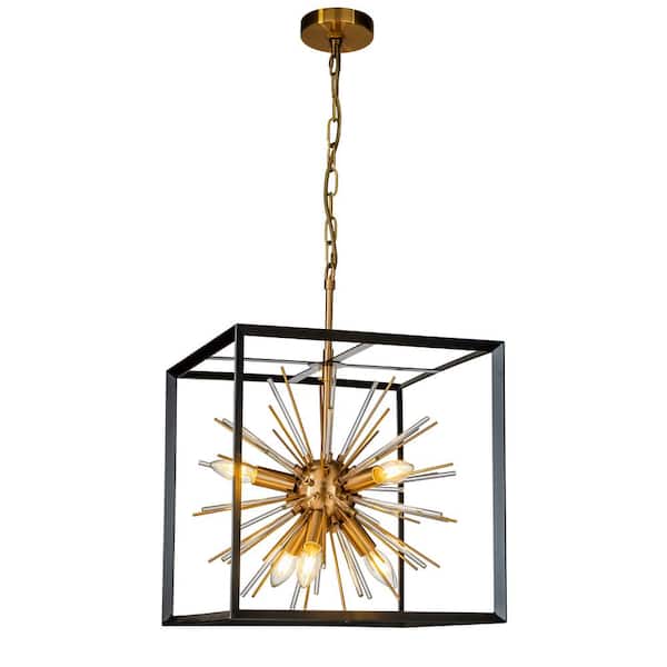 6-Light Modern Gold Sputnik Sphere Industrial Caged Chandelier Starburst Satellite Lantern Pendant Ceiling Lighting