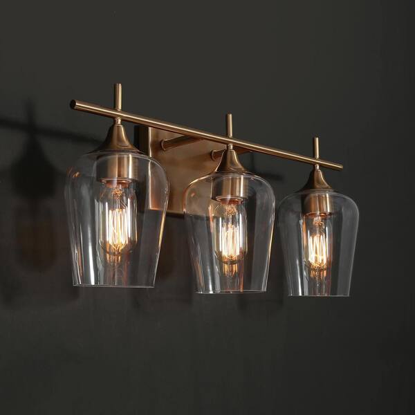 Modern Circle Bathroom Vanity Light 3-Light Brass Gold Round Powder Room Wall Sconce Light with Clear Glass Shades