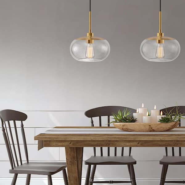 1-Light Modern Antique Brass Pendant Light with Seeded Glass Shade