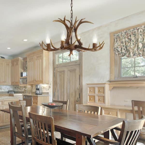 Eldora 26 in. Adjustable Resin Antler 4-Light Brown LED Chandelier