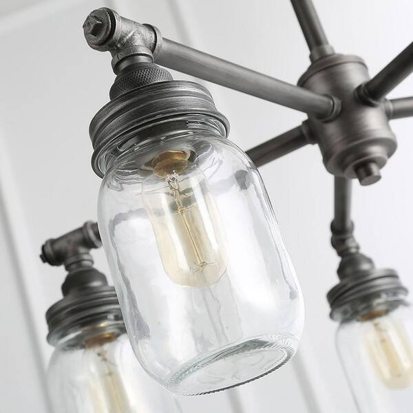5-Light Rustic Brushed Black Pipe Chandelier with Modern Industrial Dark Gray Accents and Clear Mason Jar Glass Shades