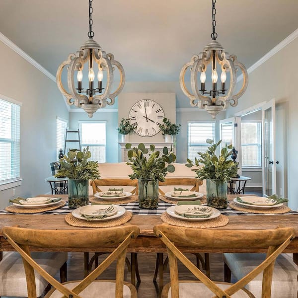 Globe Wood Chandelier Washed Gray Round Pendant 3-Light Farmhouse Candlestick Chandelier Rustic Hanging Lantern