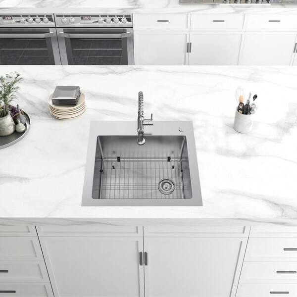 All-in-One Tight Radius Drop-In/Undermount 18G Stainless Steel 25 in. Single Bowl Kitchen Sink with Spring Neck Faucet
