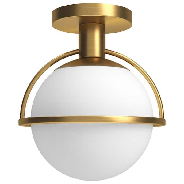 Cieonna 9.25 in. 1-Light Antique Brass and White Semi Flush Mount with Glass Shade