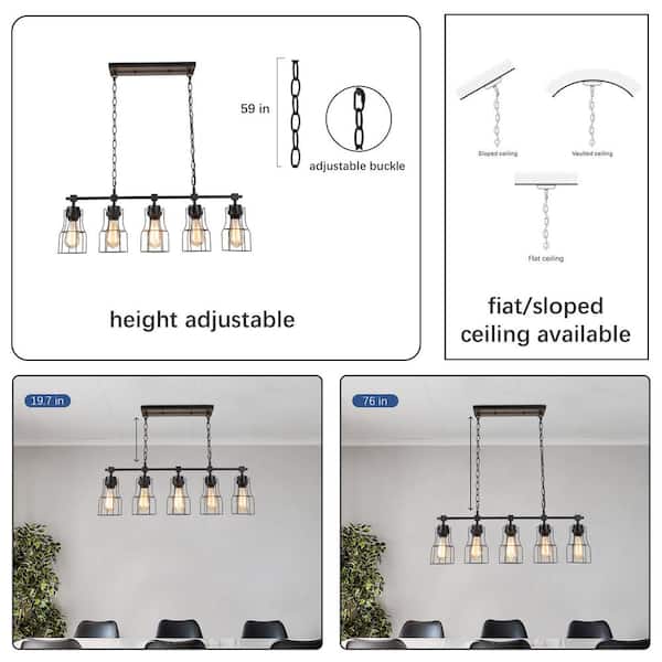Modern Industrial Black Island Chandelier 5-Light Linear Large Hanging Pendant light with Geometric Metal Cage Shades