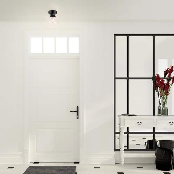 1-Light Matte Black Outdoor Indoor Semi-Flush Mount with Clear Seeded Glass Shade, Vintage Incandescent Bulb Included