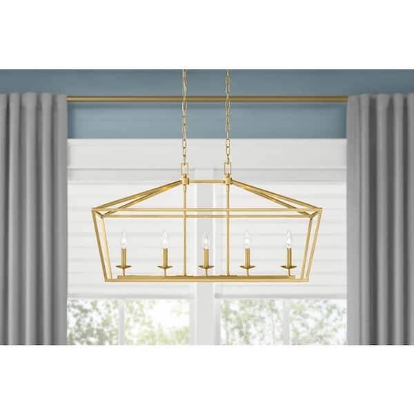 Weyburn 36 in. 5-Light Gold Farmhouse Linear Chandelier Light Fixture with Caged Metal Shade