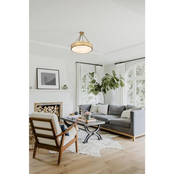 Anders 24 W 22 in 3 Light Rubbed Brass Integrated LED Semi Flush Mount Light with Marbling Parian Plastic Shade