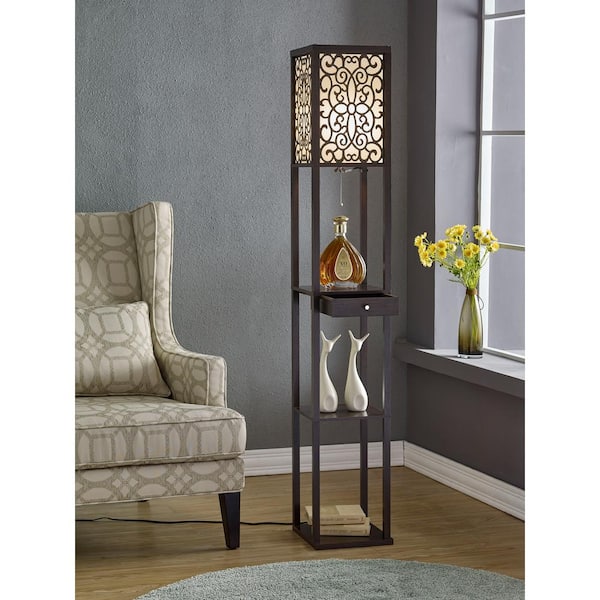 63 in. Expresso Etagere Shelf Floor Lamp with Drawer
