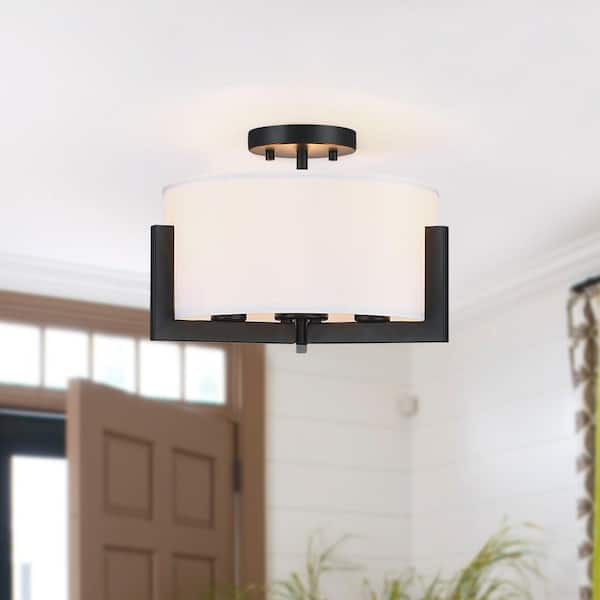14 in. 3-Light Matte Black Semi-Flush Mount Ceiling Light with Drum Shade