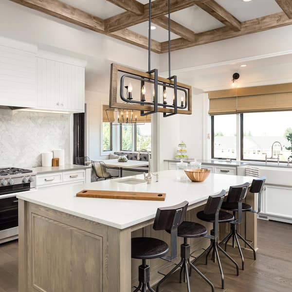 6-Light Pine Wood Candlestick Chandelier with Black Steel Frame