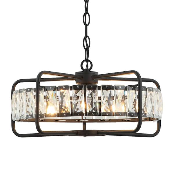 17 in. 4-Light Black Modern Crystal Chandelier with Metal Geometric Frame