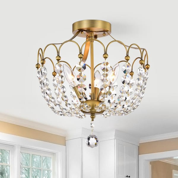Eloise 13 in. 3-Light Vintage Brass Finish Glam Modern Semi-Flush Mount with Crystal Strands