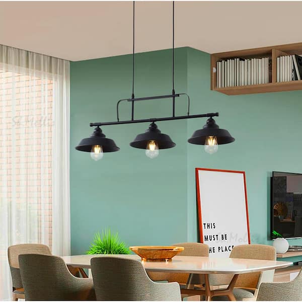3-Light Black Kitchen Island Linear Pendant Light Industrial Ceiling Hanging Fixture with Metal Shade