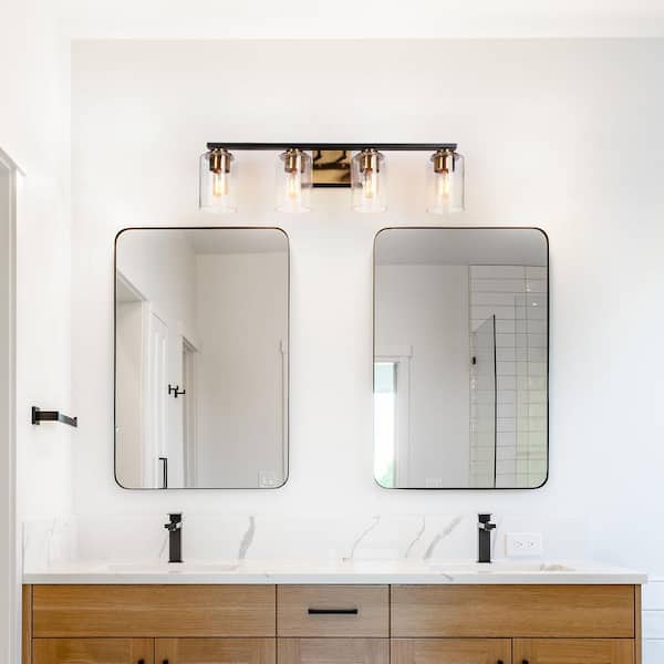 28 in. 4-Light Modern Brass Bathroom Vanity Light, Seeded Glass Black Bath Lighting, Vintage Bath Bar Vanity Light