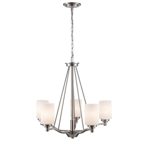 5-Light Brushed Nickel Chandelier Light Fixture with Frosted Glass Shades