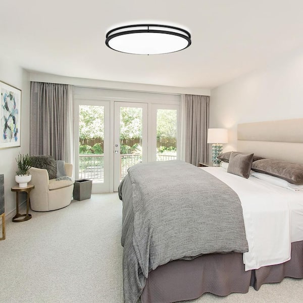 32 in. 65-Watt Oval Matte Black Integrated LED Flush Mount Ceiling Light with Remote