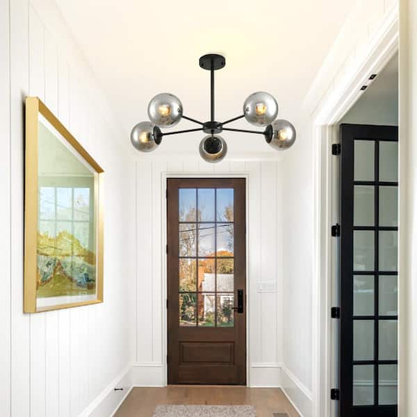 5-Light Black Chandeliers Light Fixture Hanging Dining Room Light Ceiling Pendant Lighting Glass Globes Lamp