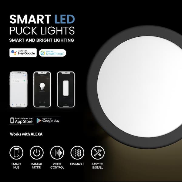6 Pack Black Smart Dimmable LED Puck Lights Compatible with Alexa, Google - Warm White (3000K)