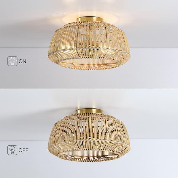 Rhett 14 in. 2-Light Brass Bohemian Rattan Semi-Flush Mount Ceiling Light