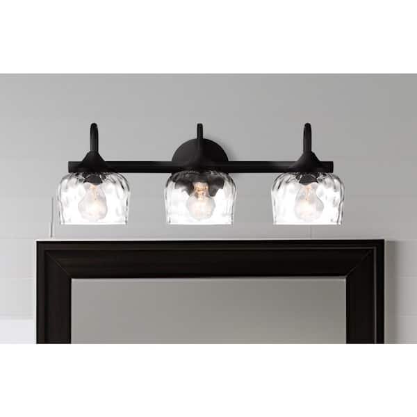 23.25 in. 3-Light Matte Black Vanity Light with Clear Hammered Glass, No Bulbs Included