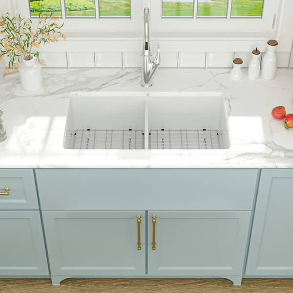 32 in. Undermount Double Bowl Ceramic Kitchen Sink with Strainer and Bottom Grid