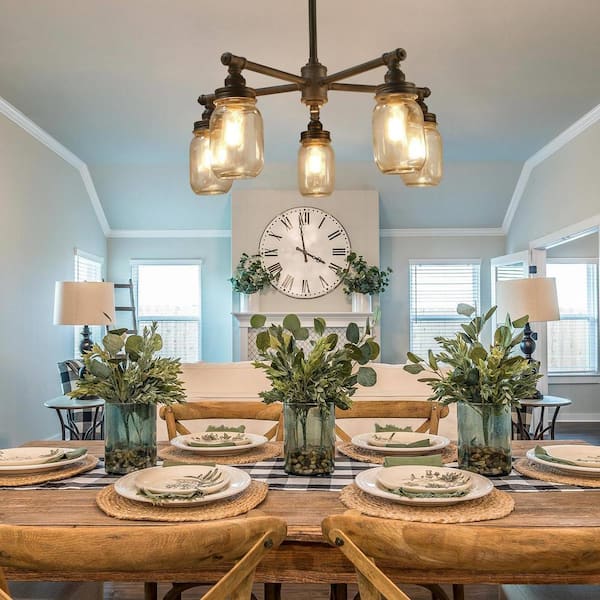 5-Light Rustic Brushed Black Pipe Chandelier with Modern Industrial Dark Gray Accents and Clear Mason Jar Glass Shades