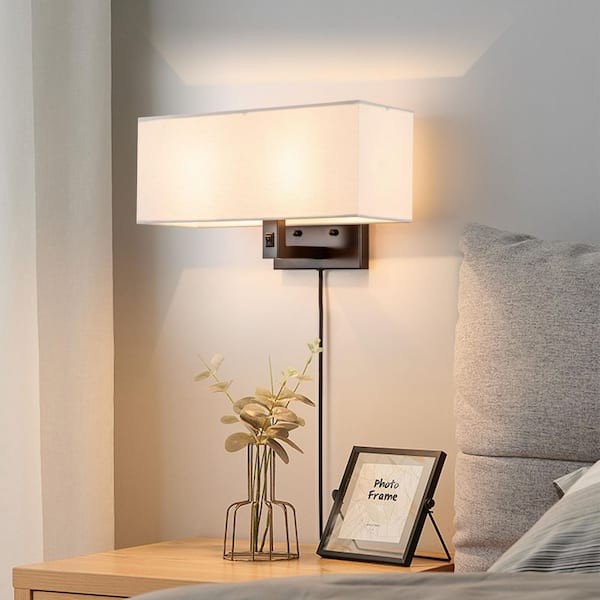 2-Light Oil-Rubbed Bronze Finish Hardwired and Plug in Wall Sconce with Linen Shade