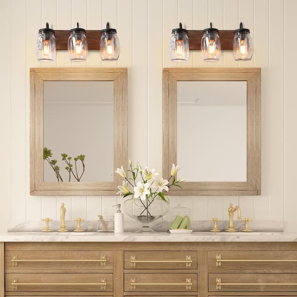 Farmhouse Bathroom Vanity Light 3-Light Black Powder Room Wall Sconce with Brown Faux Wood Accent Clear Mason Jar Shades