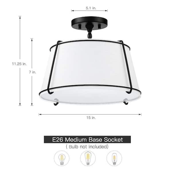 Celina 15 in. 2-Light White Fabric Semi-Flush Mount Light With Black Hardware