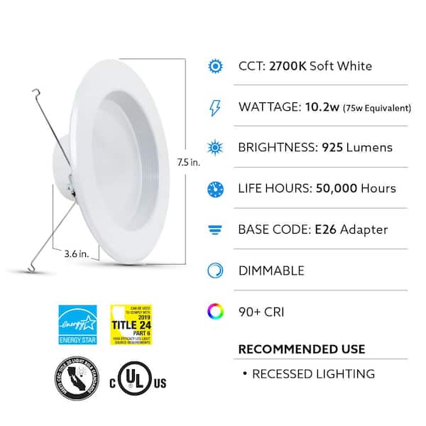 5/6 in. Integrated LED White Retrofit Recessed Light Trim Dimmable CEC Downlight Soft White 2700K, 6-Pack