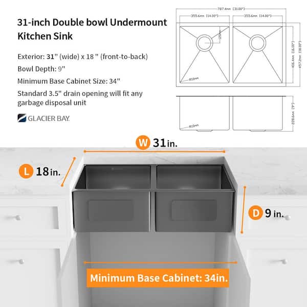 Gunmetal Black Stainless Steel 31 in. 18-Gauge Double Bowl Undermount Kitchen Sink