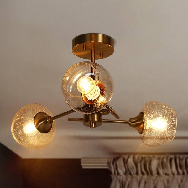 Modern Sputnik Ceiling Light 3-Light Electroplated Brass Semi-Flush Mount Light with Seeded Glass Shades