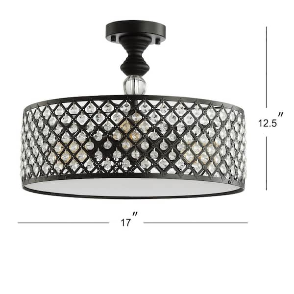 Elise 17 in. 3-Light Crystal/Metal Drum Semi-Flush Mount, Black