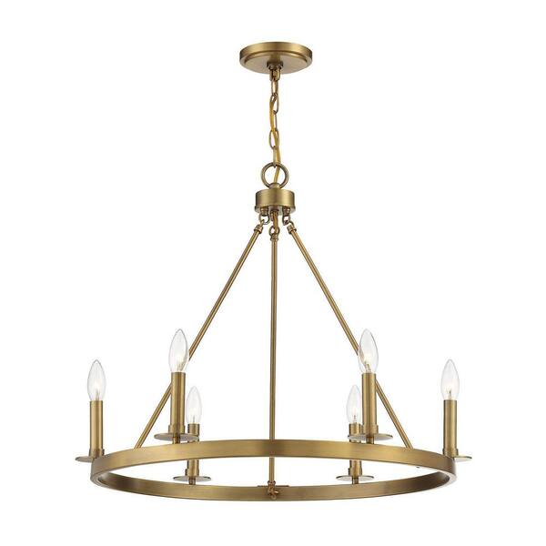 26 in. W x 22 in. H 6-Light Natural Brass Wagon Wheel Metal Chandelier with No Bulbs Included
