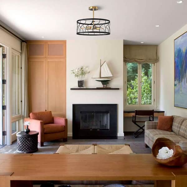 3-Light Black and Gold Semi Flush Mount Ceiling Light,Farmhouse Kitchen Ceiling Light with Drum Cage for Hallway Bedroom