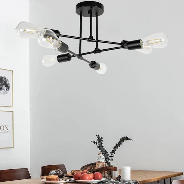 6-Light Black Sputnik Modern Linear Semi Flush Mount
