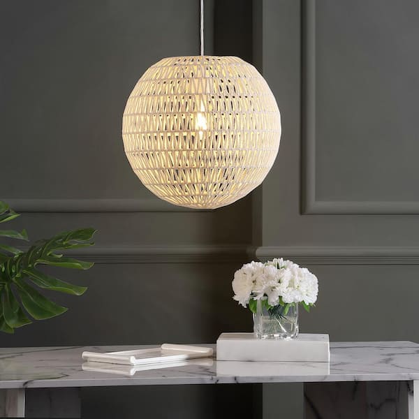 Luna 15.75 in. 1-Light Cream Bohemian Modern Woven Rattan/Iron LED Pendant, White